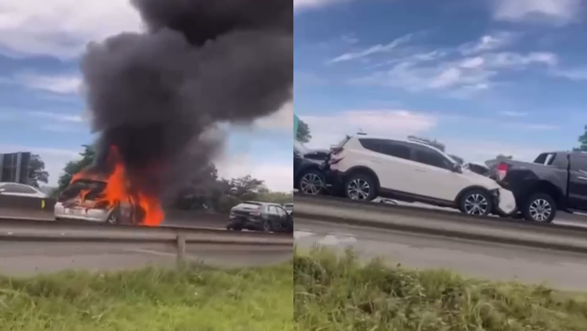 Acidente entre veículos causa caos e carro pega fogo na BR-101
