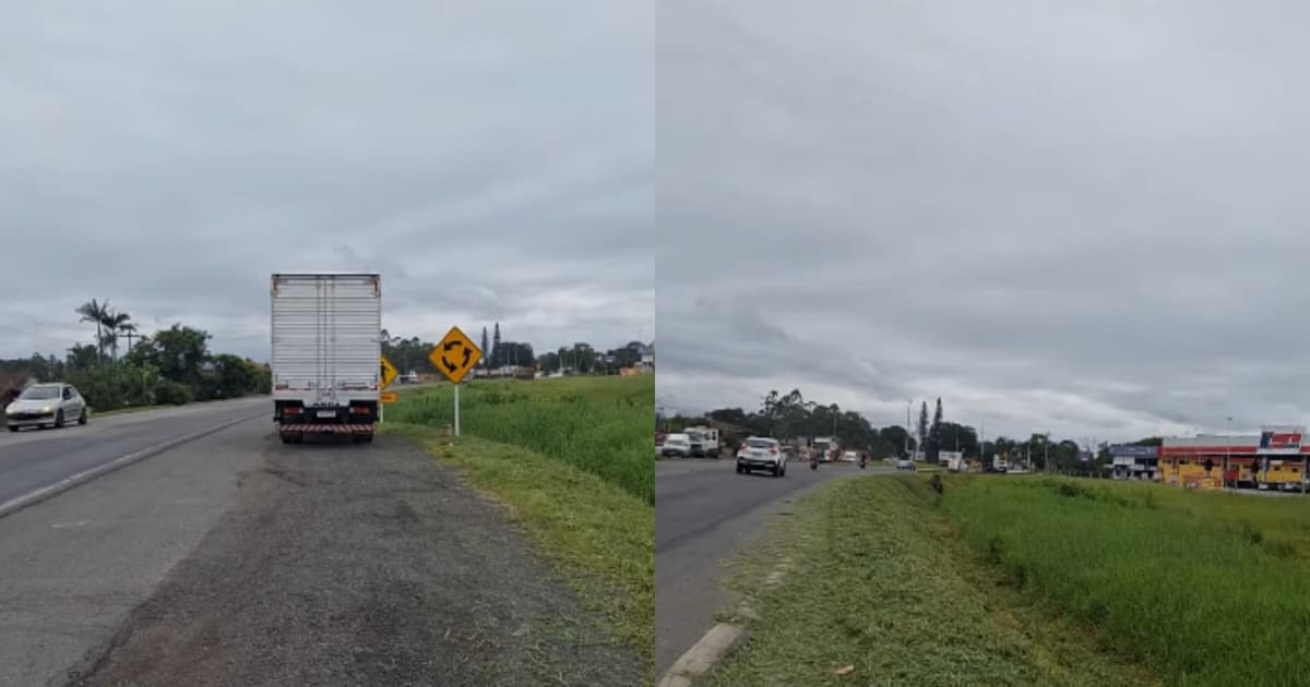 Moradora reclama da falta de calçada e de caminhões parados em rodovia de SC: “tô errada?”