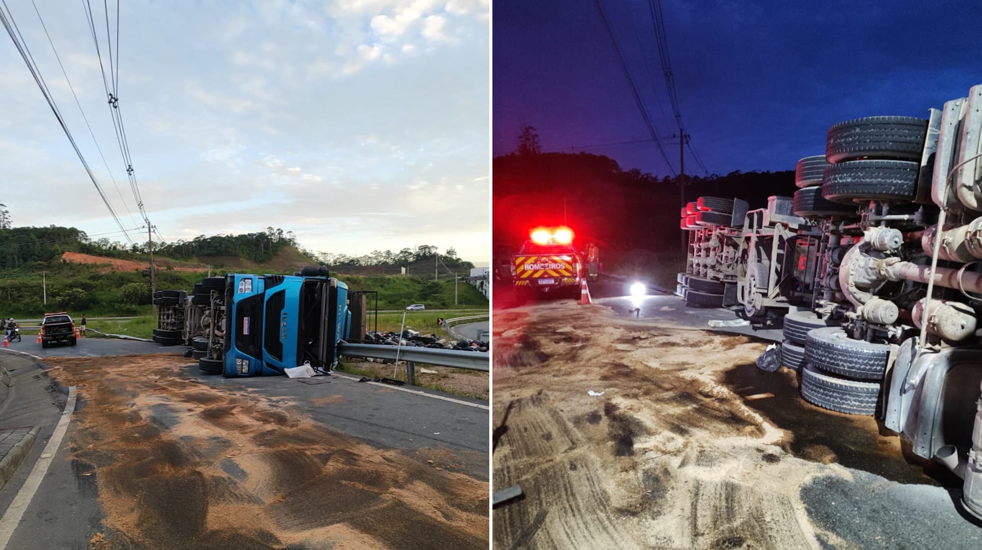Motorista fica ferido após caminhão com resíduo orgânico tombar na BR-470