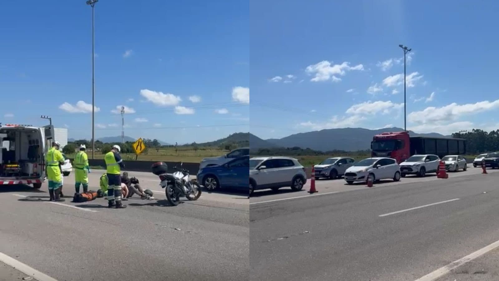 Acidente com moto deixa casal ferido e provoca lentidão na BR-101 em Porto Belo