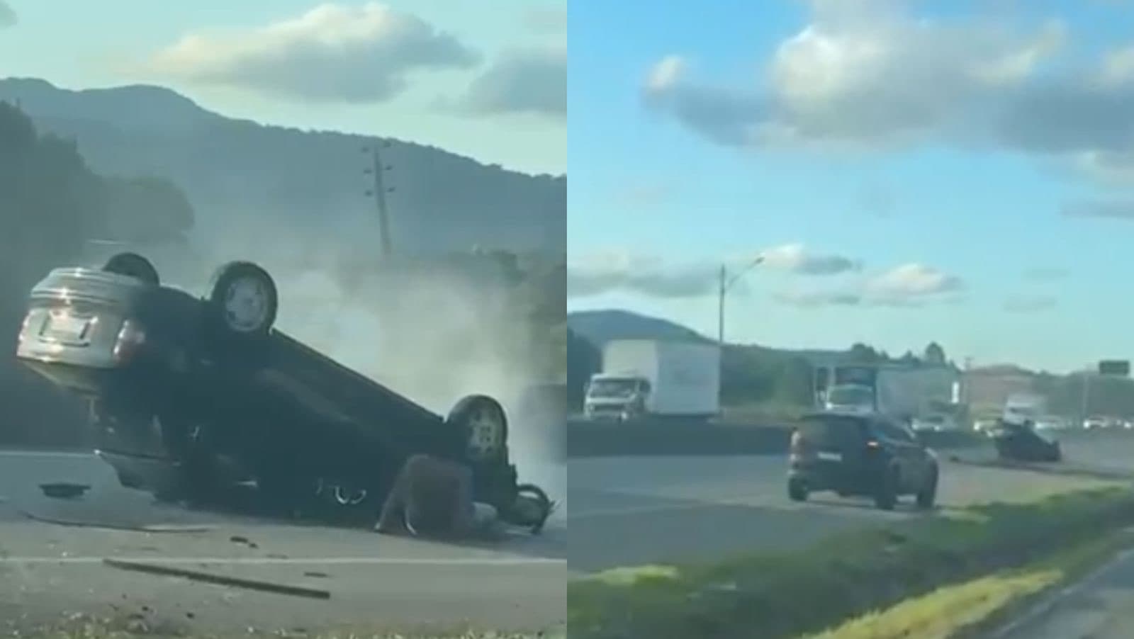 Carro capota após colisão com caminhão na BR-101 entre Porto Belo e Itapema