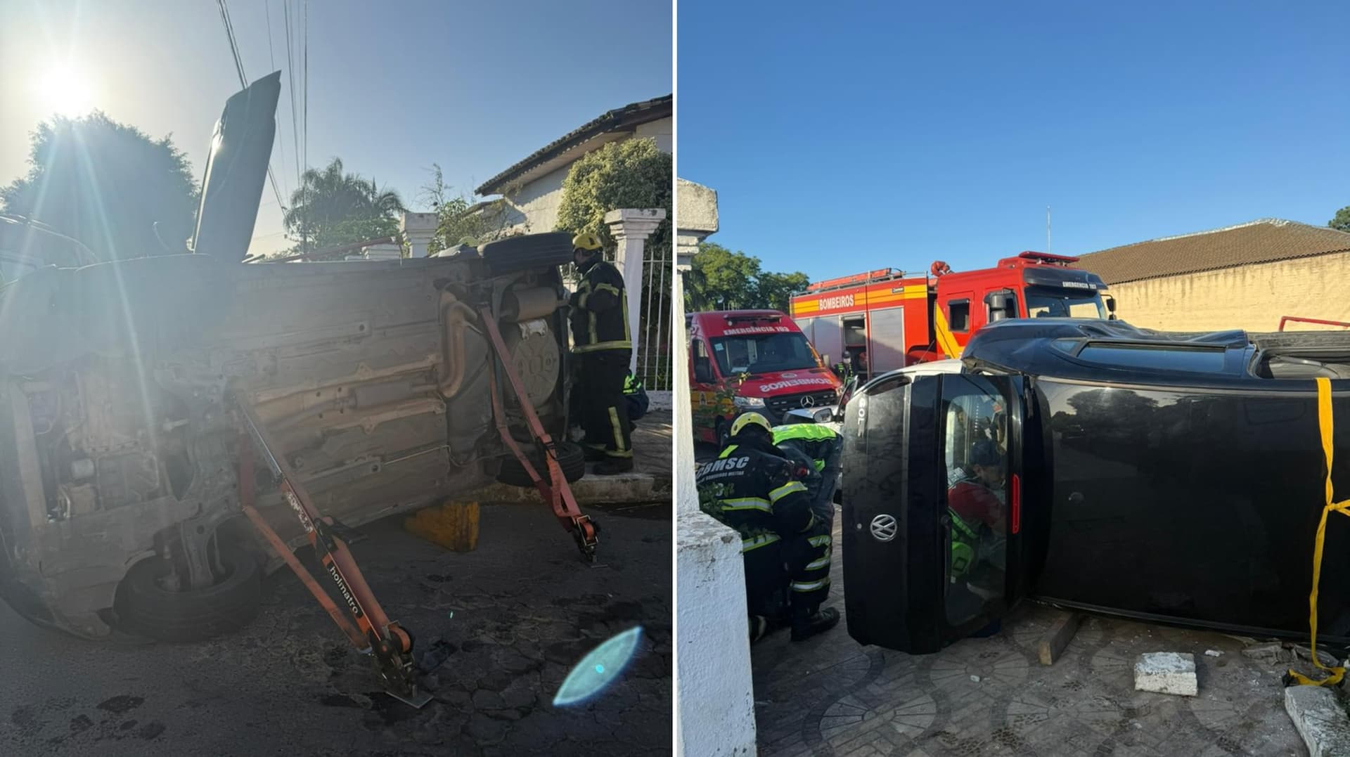 Mulher fica presa em carro tombado e é retirada pelos bombeiros após acidente em Criciúma