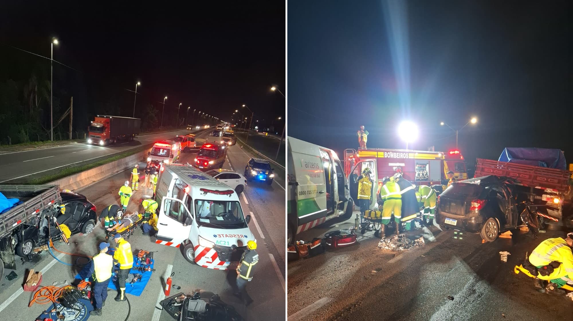 Homem fica preso às ferragens após carro bater em caminhão na BR-101 em Porto Belo