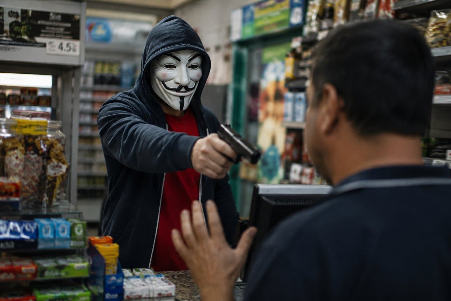Com máscara semelhante à de filme, criminoso invade comércio, rouba dinheiro e desaparece