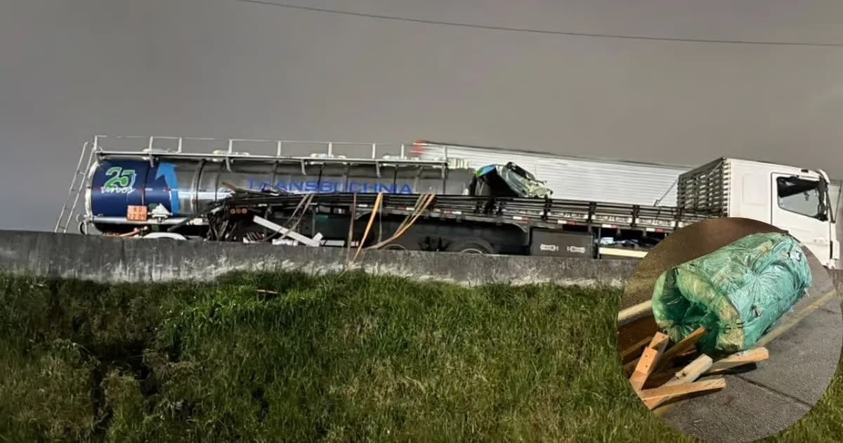 Acidente entre caminhões provoca filas e espalha carga na BR-101 em Itapema