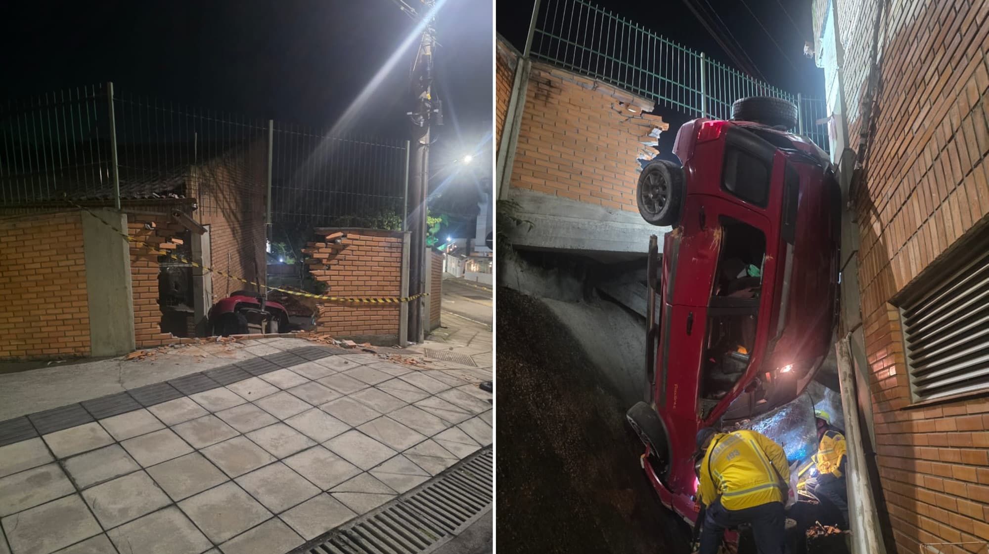Carro derruba muro e cai em terreno de instituto federal; motorista é levado ao hospital