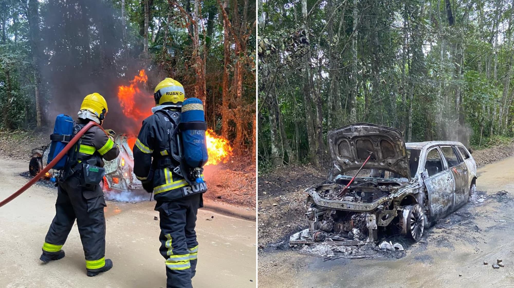 Carro pega fogo e fica destruído na divisa entre Camboriú e Itapema