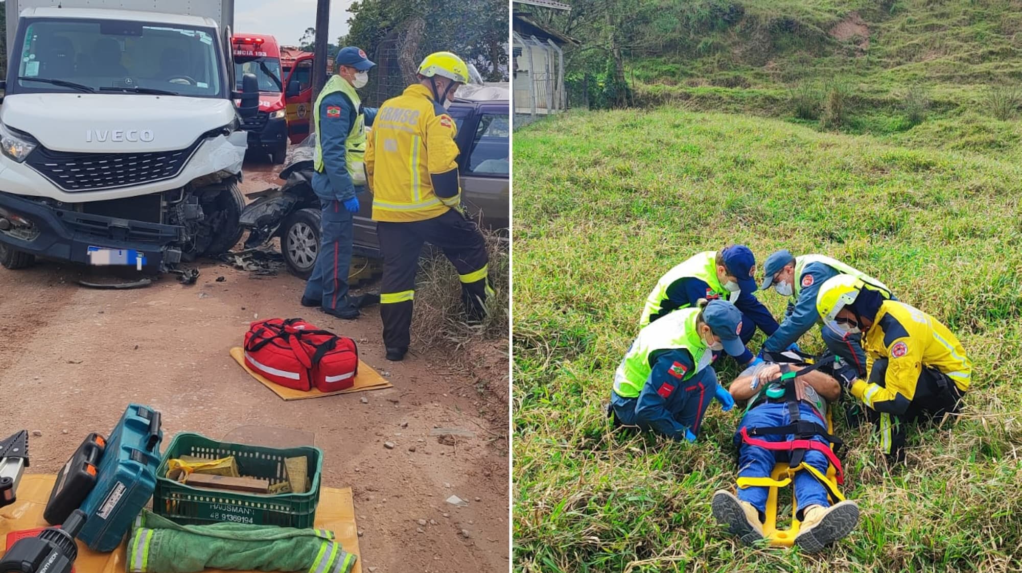 Homem fica preso às ferragens após batida frontal entre carro e caminhão em Gaspar