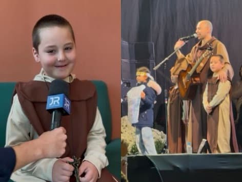 Vestido de frei, menino de 5 anos encara 20 horas de espera e é chamado ao palco por Frei Gilson em Navegantes