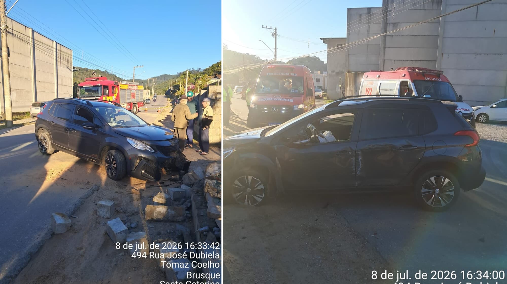 Carro bate contra muro e deixa dois homens feridos em Brusque