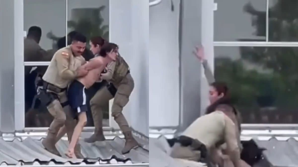 Telhado cede e policiais militares caem junto com homem em surto em Joinville