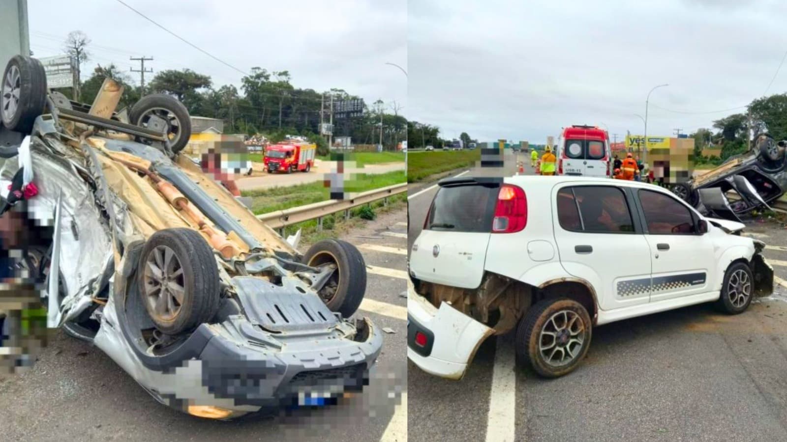 Seis pessoas “espremidas” em carro capotam na BR-101, no Sul de SC; entre os feridos, três crianças