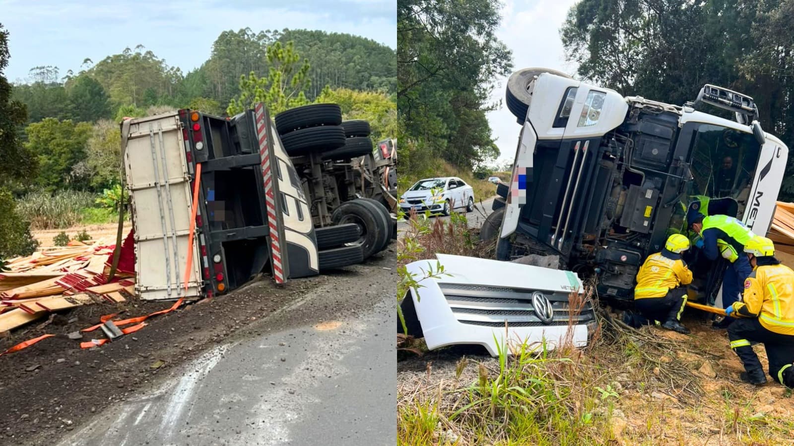 Carreta carregada de madeira tomba em rodovia de SC e deixa motorista preso às ferragens