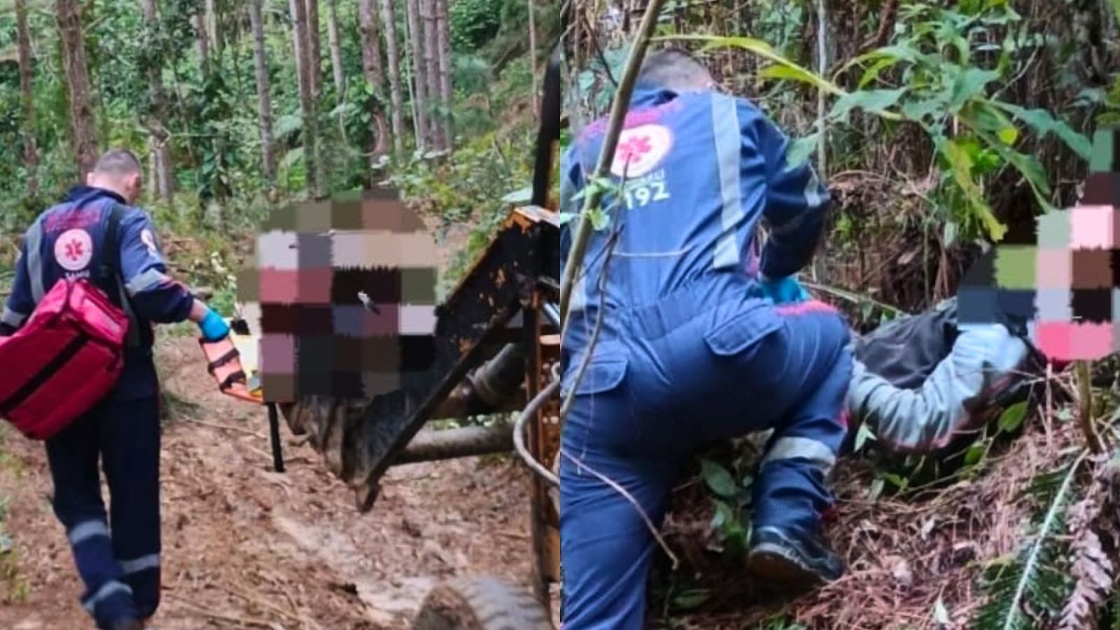 Máquina agrícola é usada para resgatar homem atingido por árvore em área de difícil acesso no Alto Vale