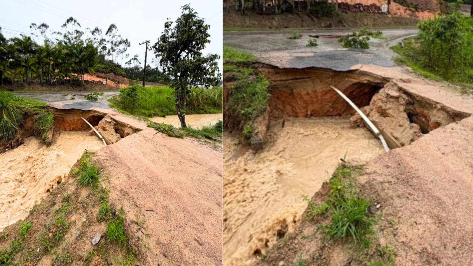 Asfalto cede ao ribeirão: tempestade abre cratera e interdita acesso em Gaspar