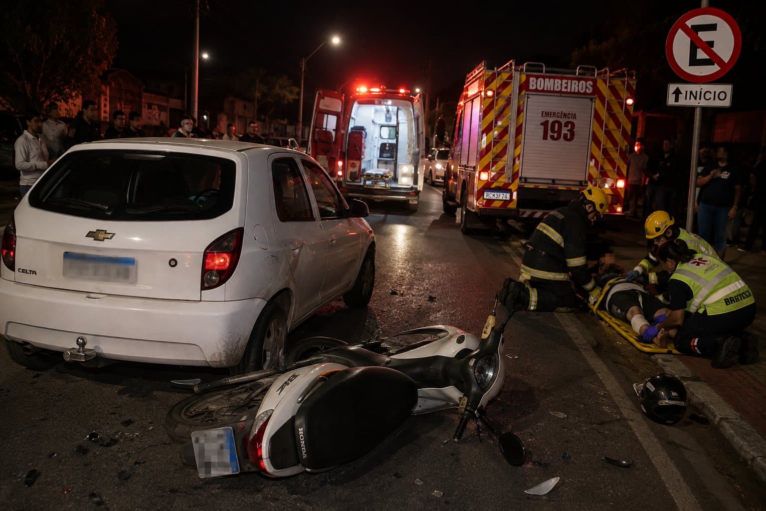Carro bate em moto e veículo é projetado contra pedestre em Brusque