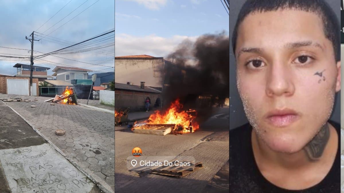 Barricadas em chamas em rua do bairro Caminho Novo, em Palhoca, e foto do criminoso baleado pela PMSC