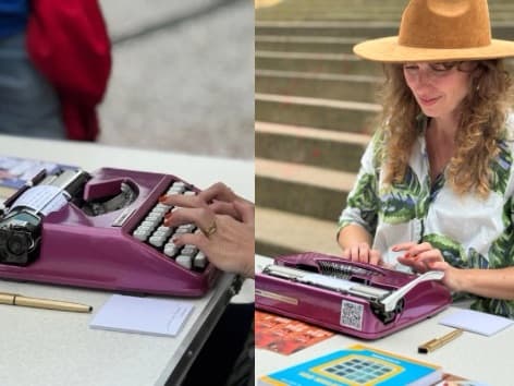 Ela largou a carreira no Direito para viver de literatura e hoje escreve poemas de graça na Praça XV, em Florianópolis