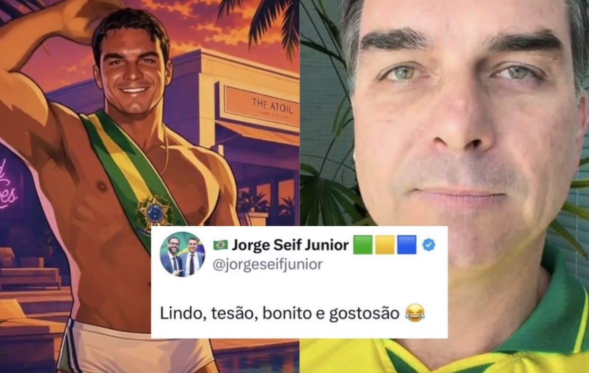 Seif reage após Flávio postar vídeo de IA só de sunga com faixa presidencial: “lindo, tesão, bonito e gostosão”