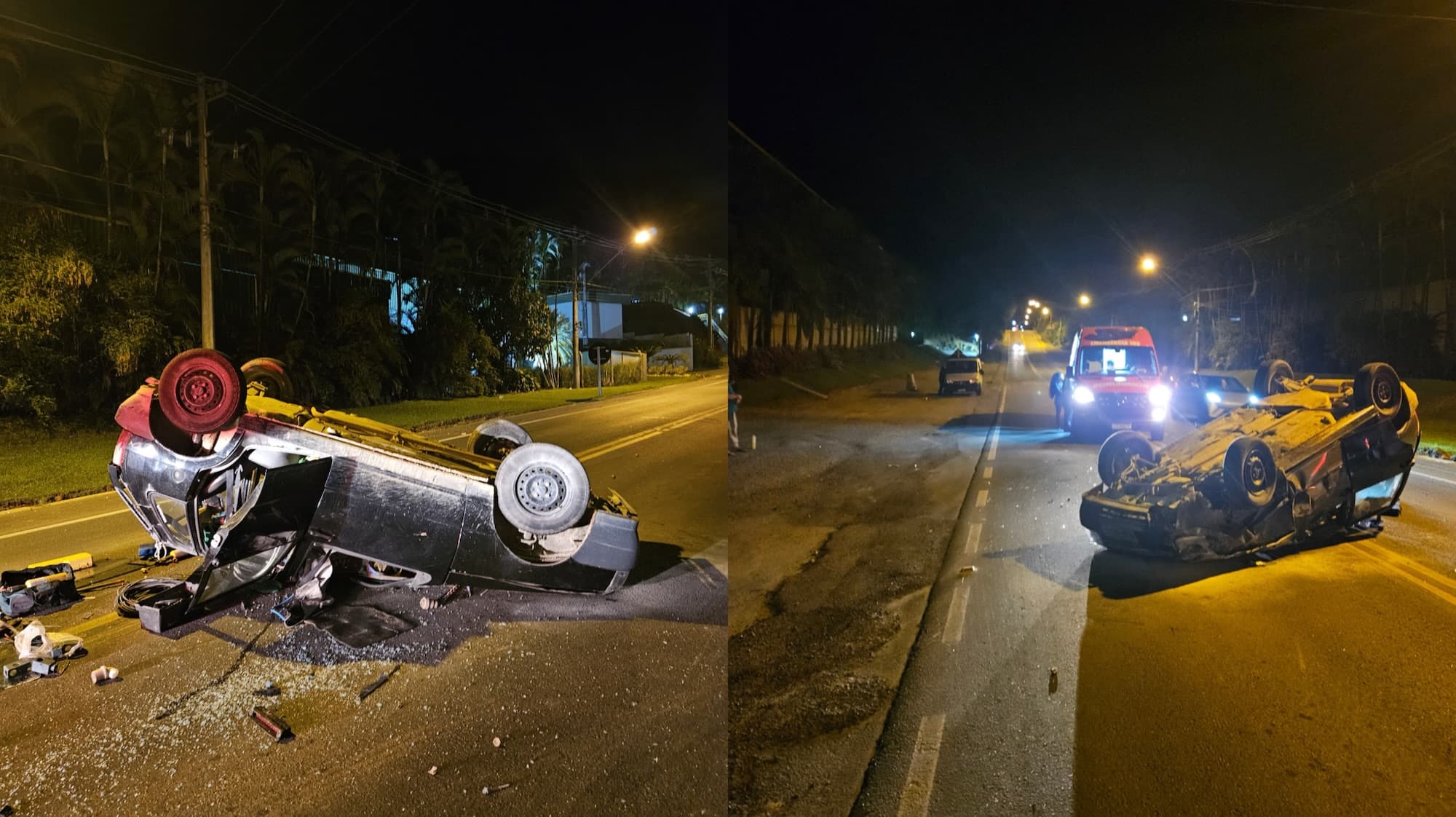 Impacto entre veículos deixa carro capotado às margens de rodovia em Botuverá