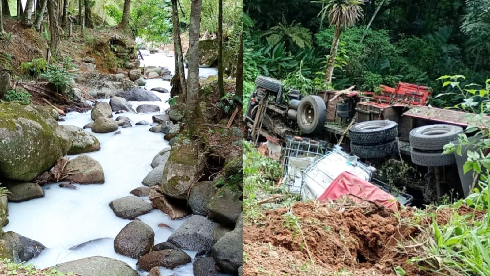 Caminhão com produto químico capota em ribeirão de SC e obriga isolamento imediato