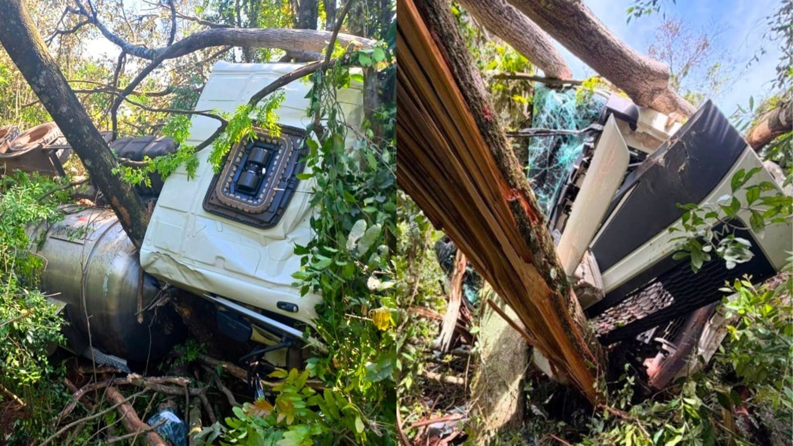Motorista sobrevive após pane mecânica lançar caminhão em ribanceira, destruir cabine em SC