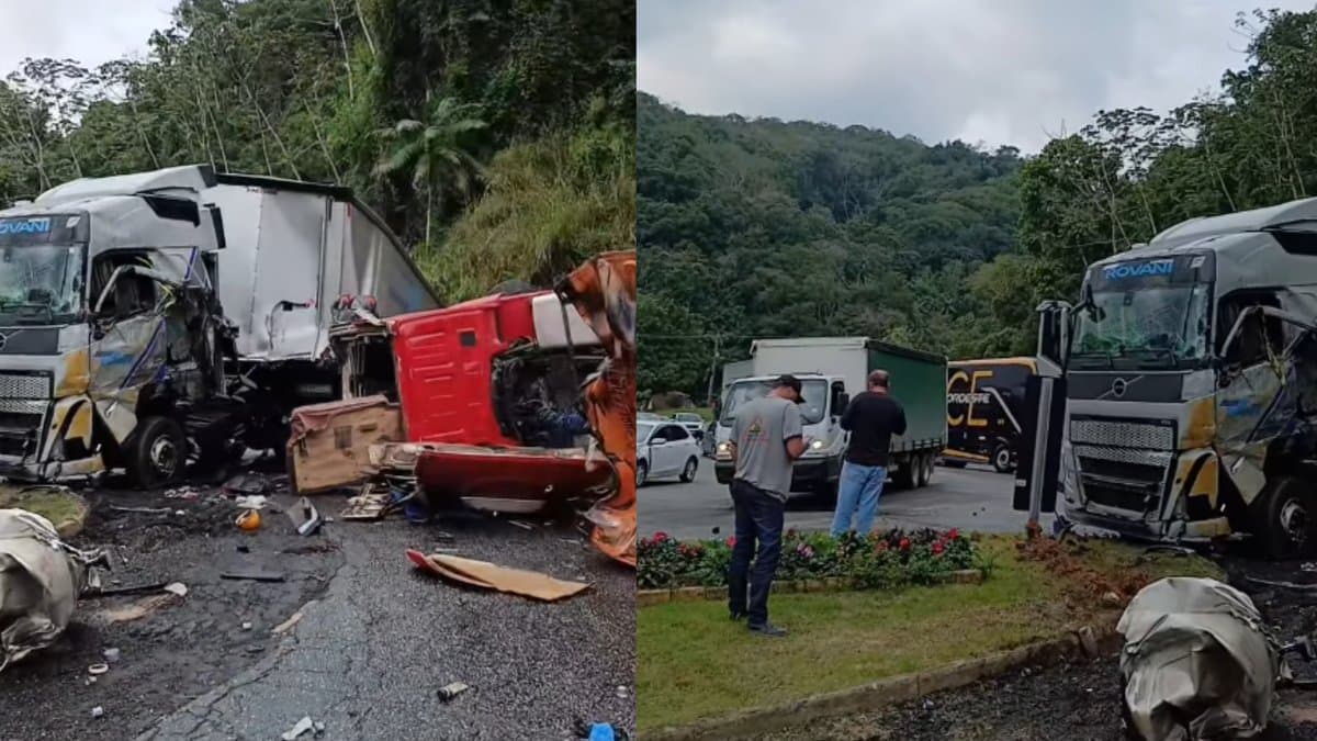 Carretas destruidas e destrocos espalhados na pista da SC-108, na Vila Itoupava, em Blumenau
