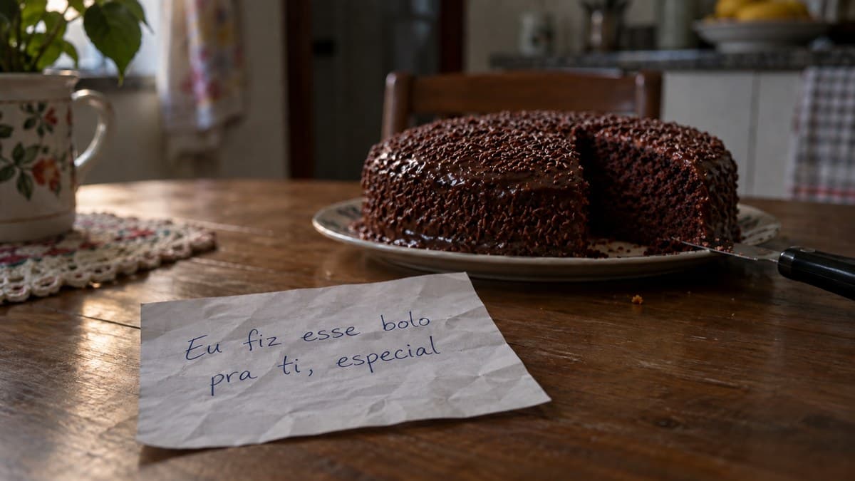 Bolo de chocolate sobre a mesa ao lado de bilhete escrito à mão