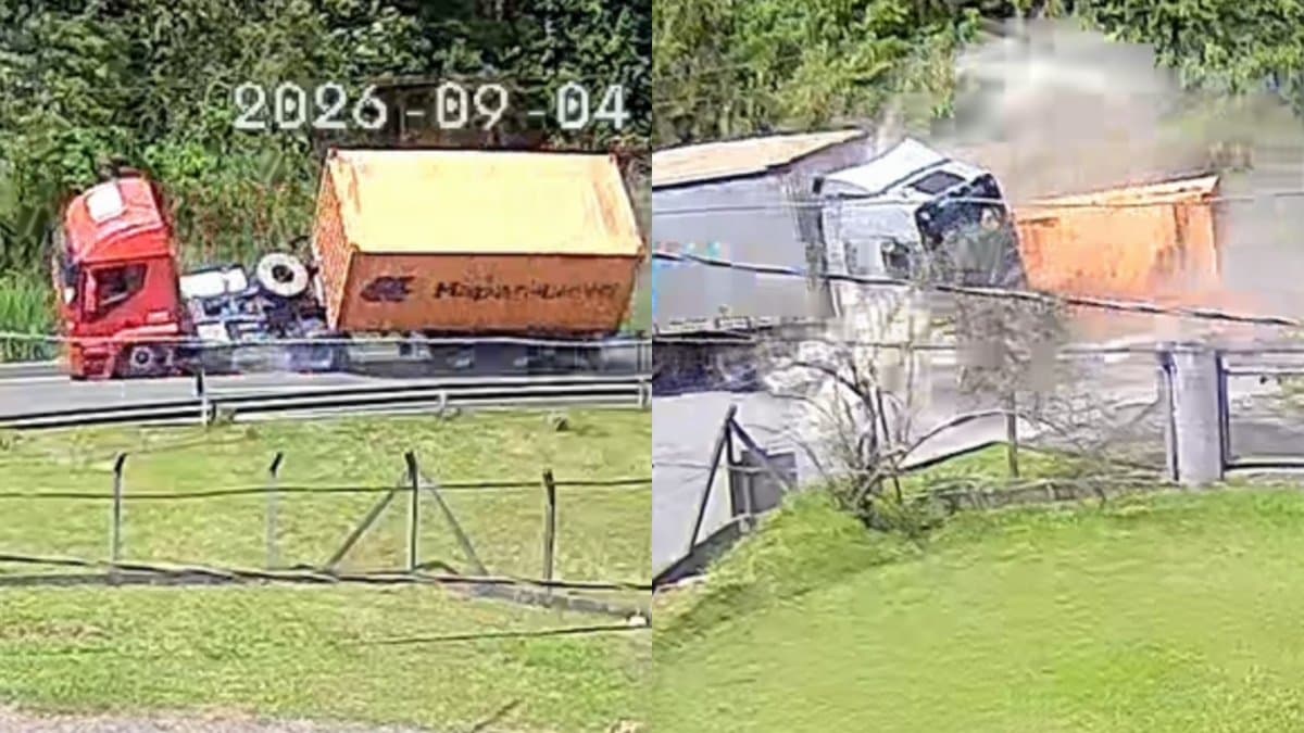 VÍDEO: Contêiner invade a contramão, destrói carreta e desfecho surpreende em Blumenau