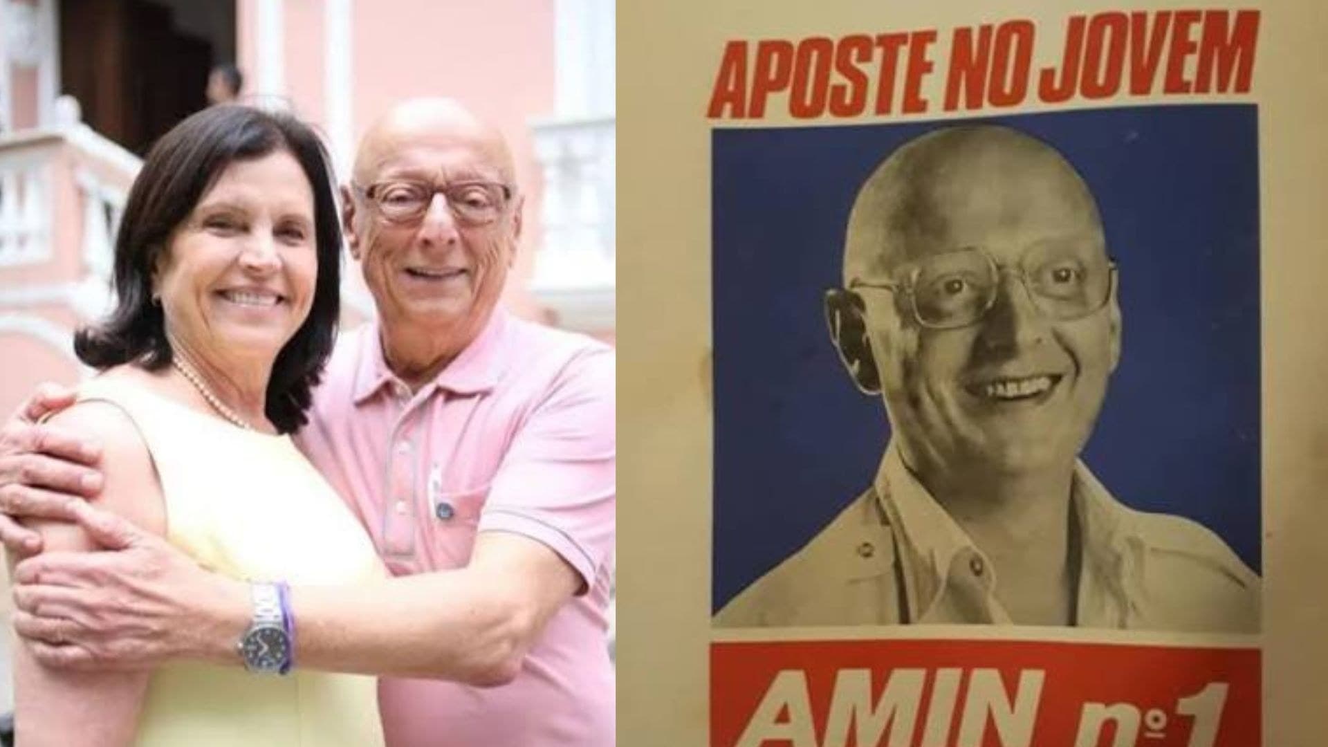 Angela Amin e Esperidiao Amin abracados ao lado de cartaz antigo de campanha com a frase Aposte no jovem