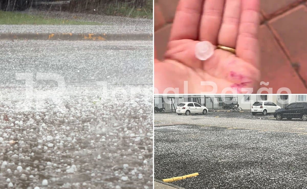Chuva de granizo cobre ruas e estacionamentos de gelo em Chapecó nesta segunda-feira; veja vídeos
