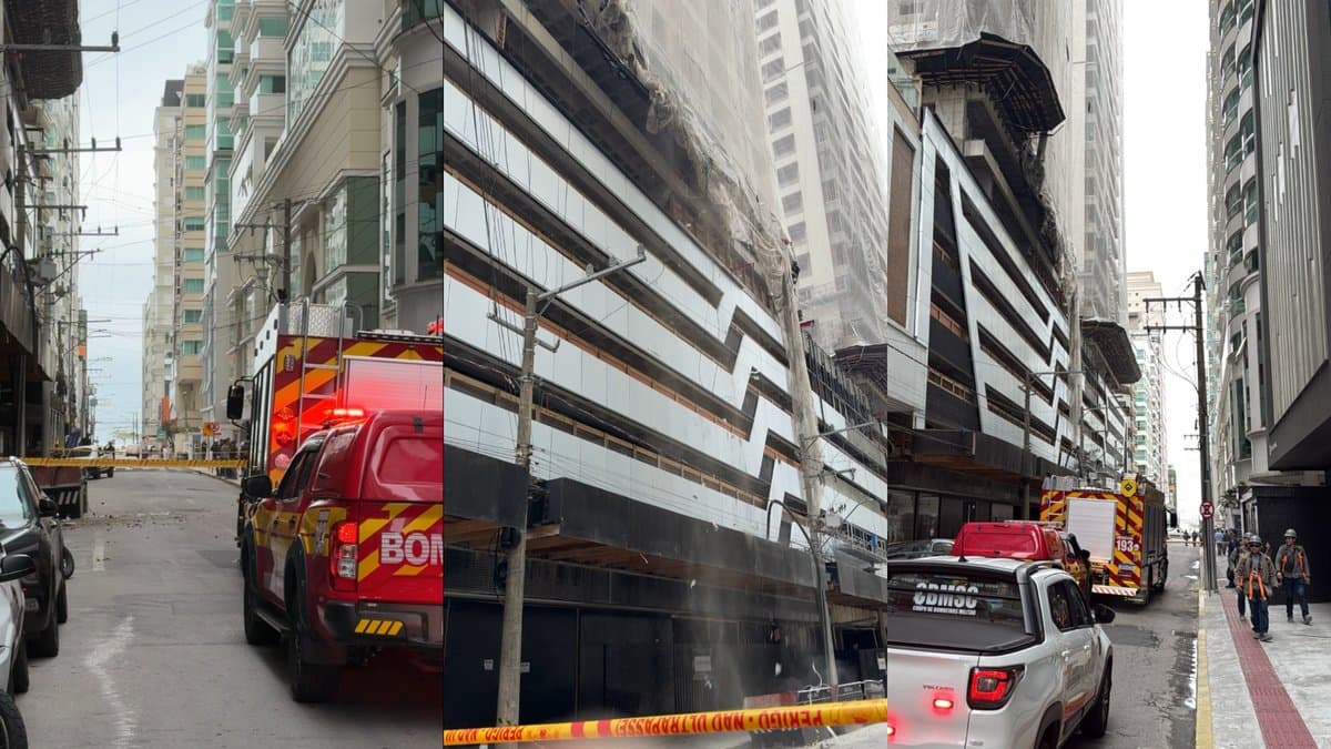AGORA: Estrutura de obra desaba em Itapema e bombeiros isolam área com risco de queda sobre a rede elétrica