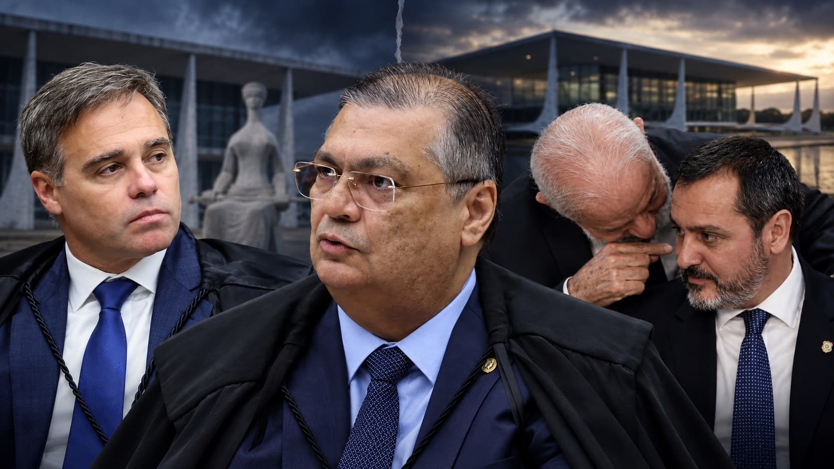 Montagem com os ministros do STF André Mendonça e Flávio Dino, o presidente Lula e o diretor-geral da Polícia Federal, Andrei Rodrigues