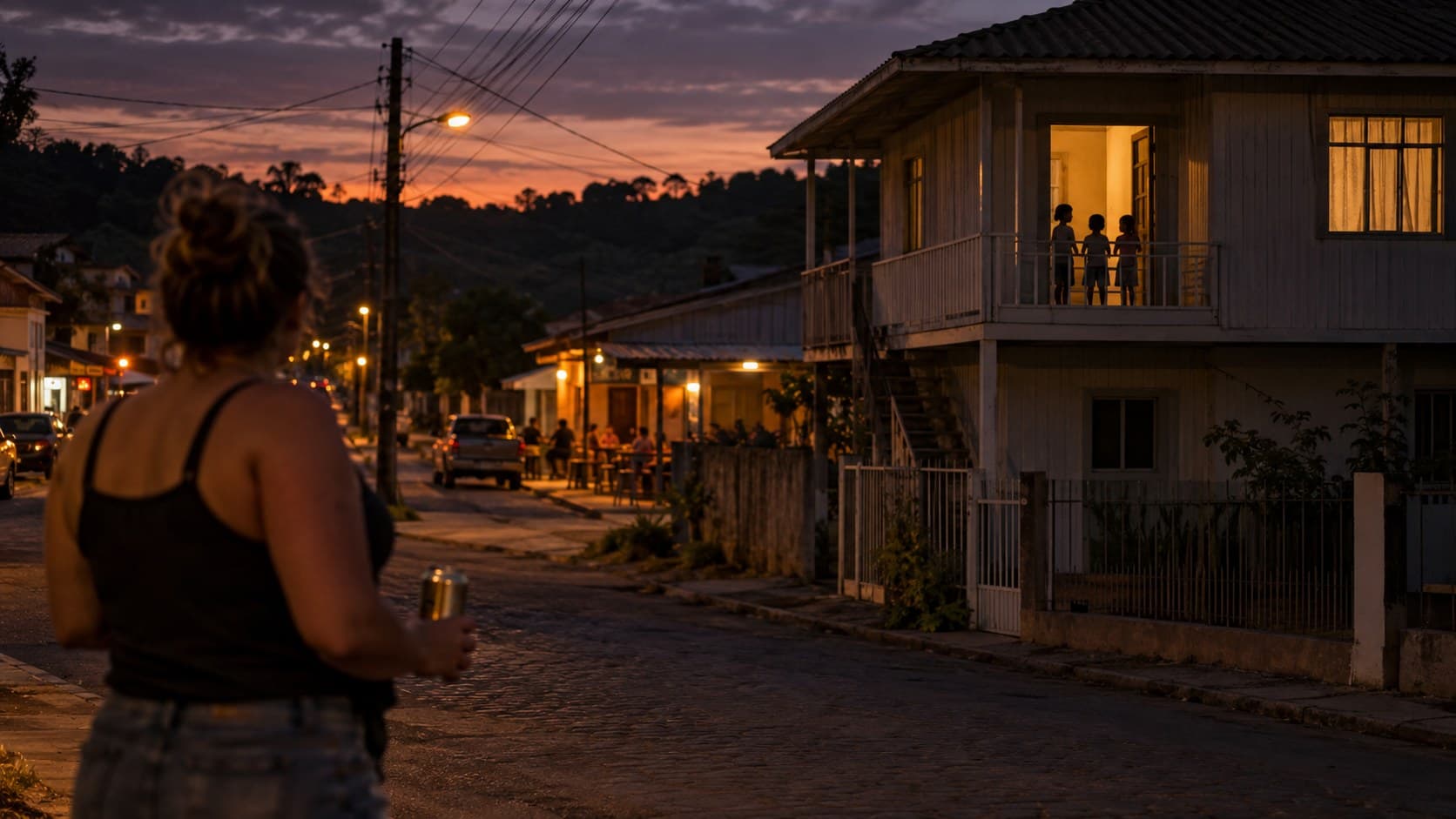 Imagem ilustrativa de mulher com lata de cerveja na rua e três crianças sozinhas na sacada de uma casa de madeira