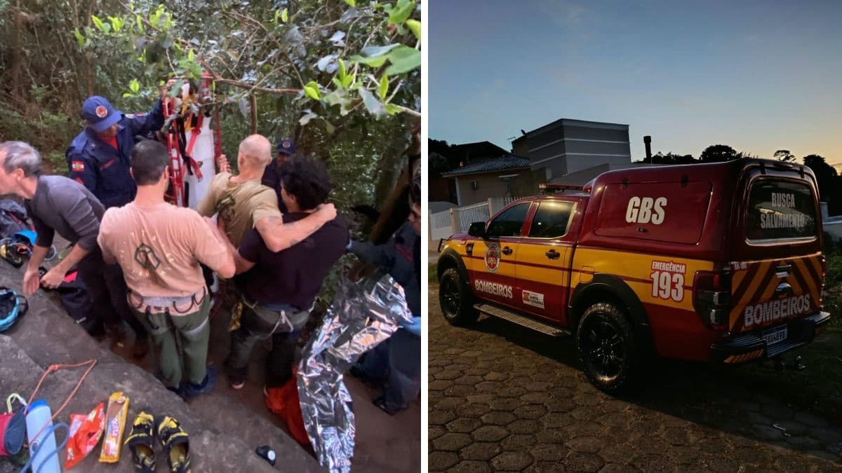Pendurado em paredão: homem cai durante escalada e mobiliza resgate em Florianópolis