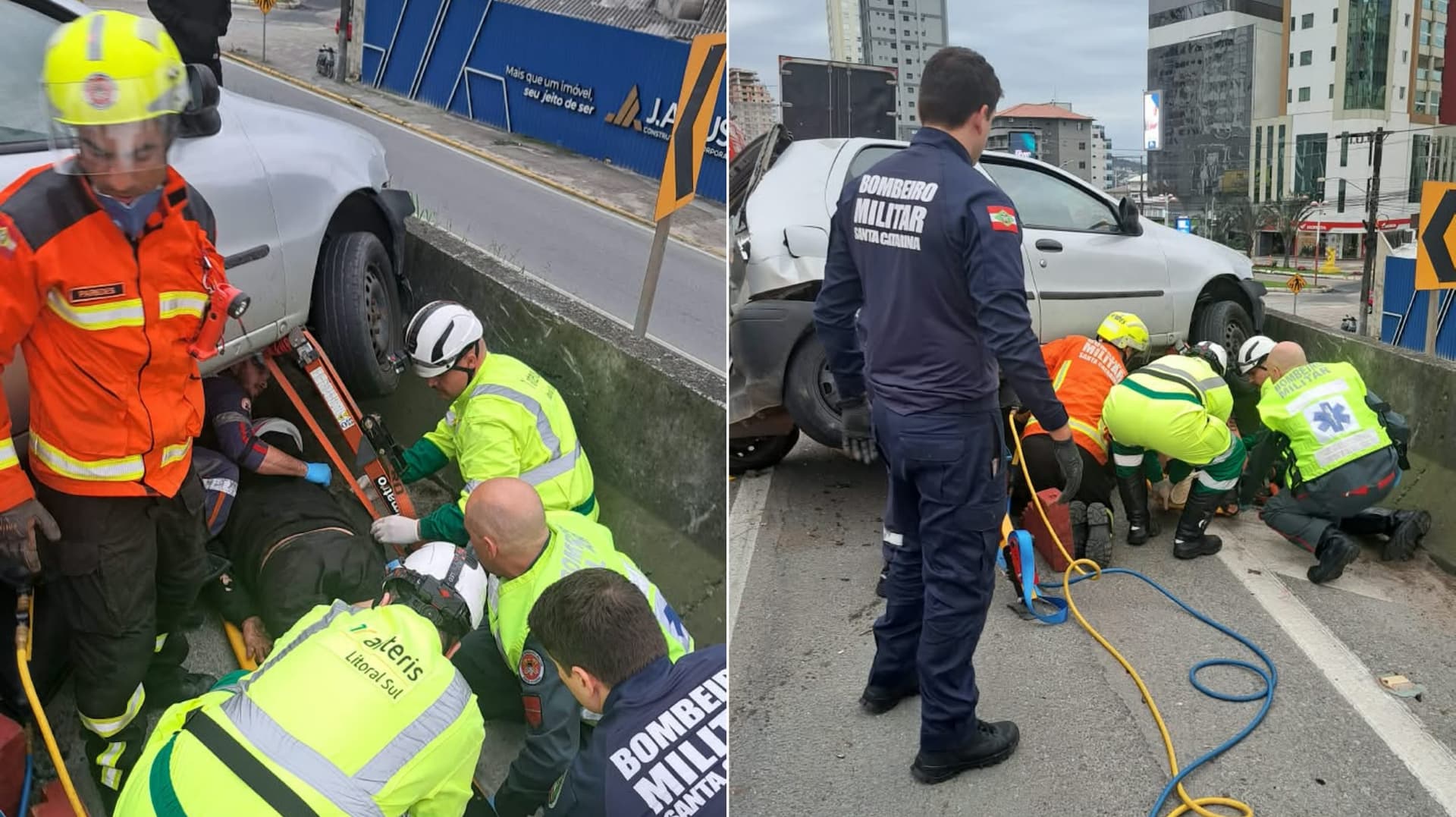 Tentativa de socorro termina em grave acidente e motociclista fica preso sob carro na BR-101