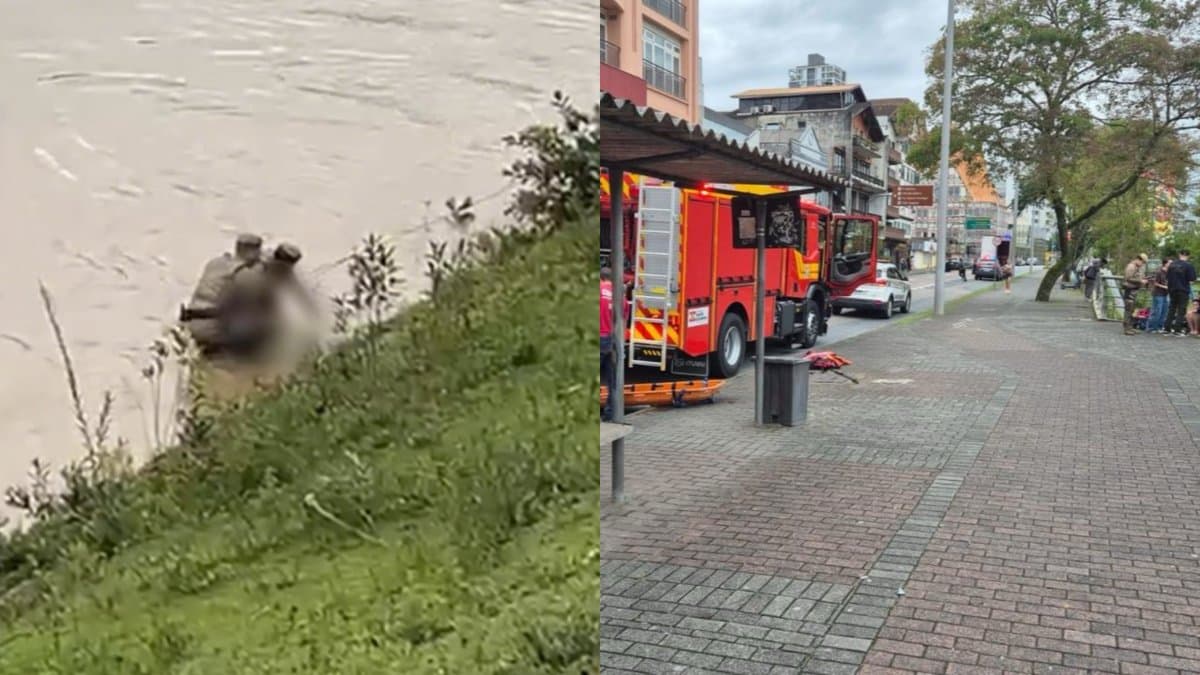 Sem colete, sem boia e com lodo na canela: dupla da PMSC enfrenta o Itajaí-Açu para salvar mulher em Blumenau