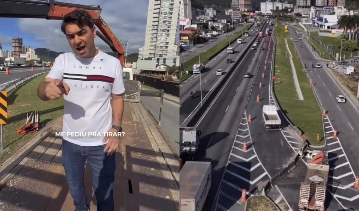 Prefeito de Itapema, Alexandre Xepa, às margens da BR-101 durante retirada de mureta