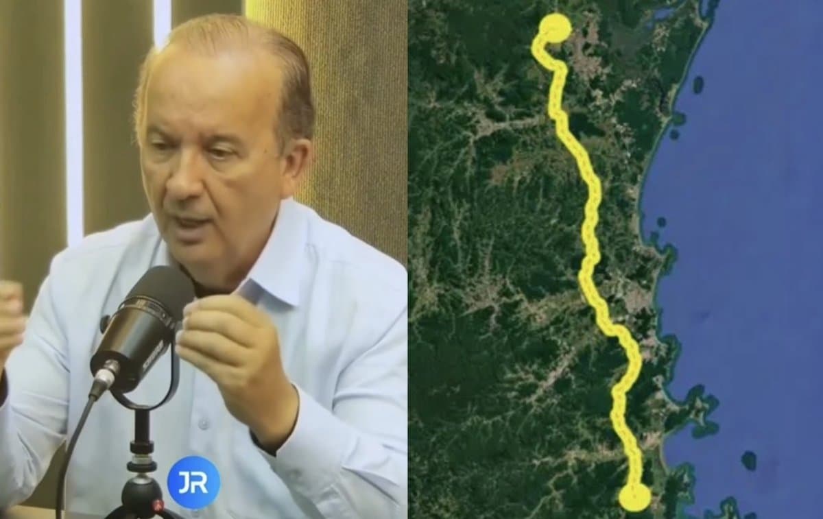 Governador Jorginho Mello em entrevista ao Jornal Razão ao lado do mapa do traçado da ViaMar