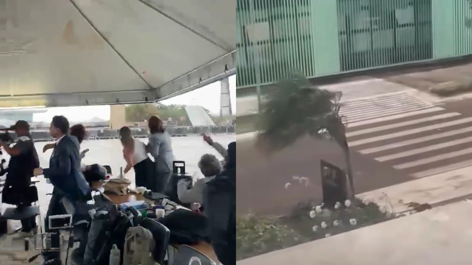 Jornalistas correm sob tenda no STF e vento forte em Brasília