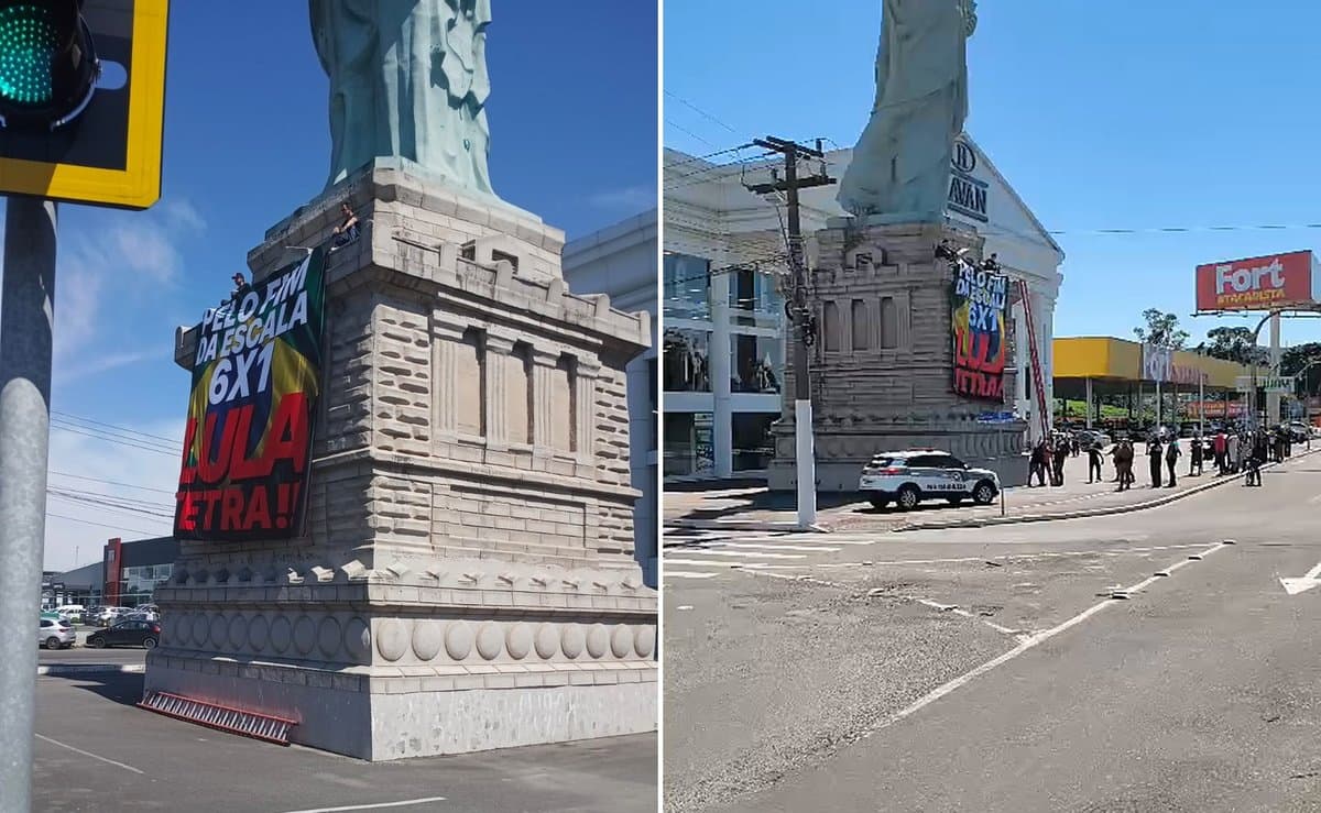 Bandeira com 'Lula Tetra' e fim da escala 6x1 é pendurada na Estátua da Liberdade da Havan em Criciúma