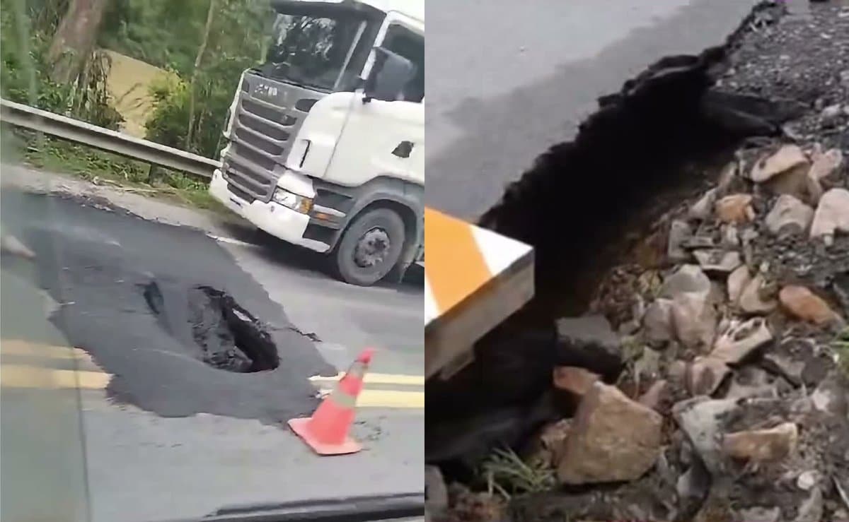 Vídeo mostra cratera que reabriu na BR-470 menos de duas horas após conserto e bloqueou a rodovia em SC