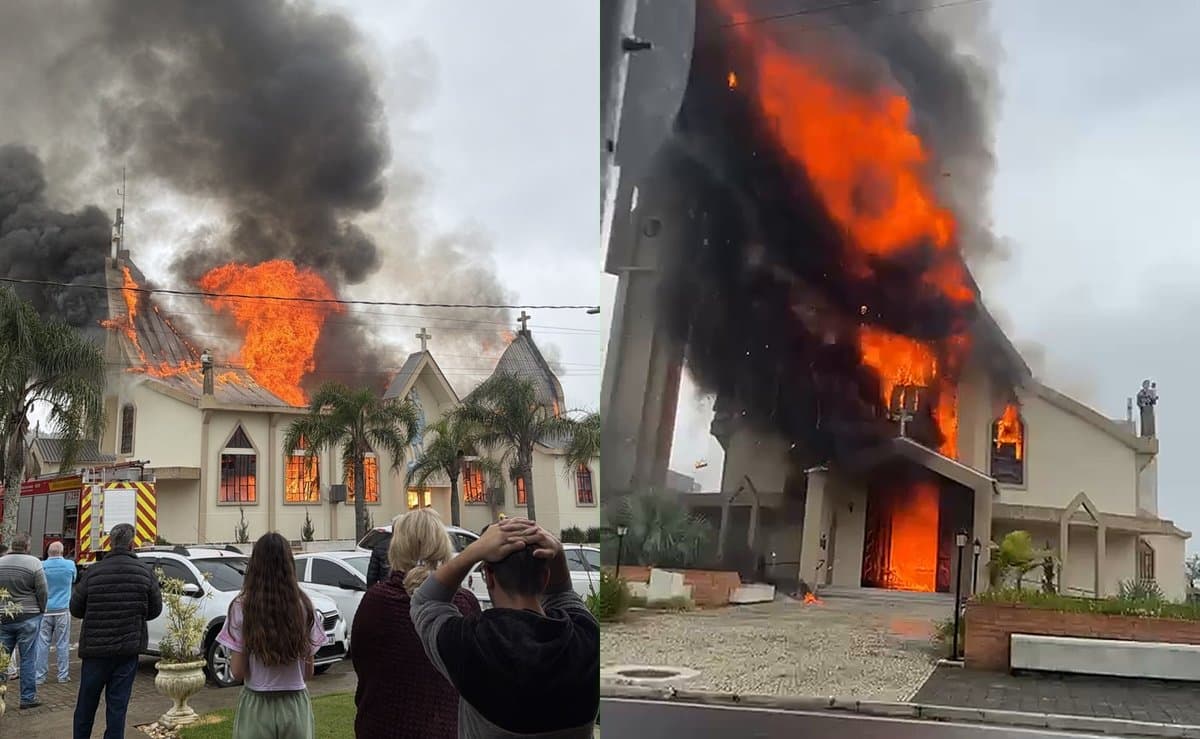 'Já era a igreja': moradores filmam fogo engolindo o templo católico e chamas saindo pelas janelas em SC