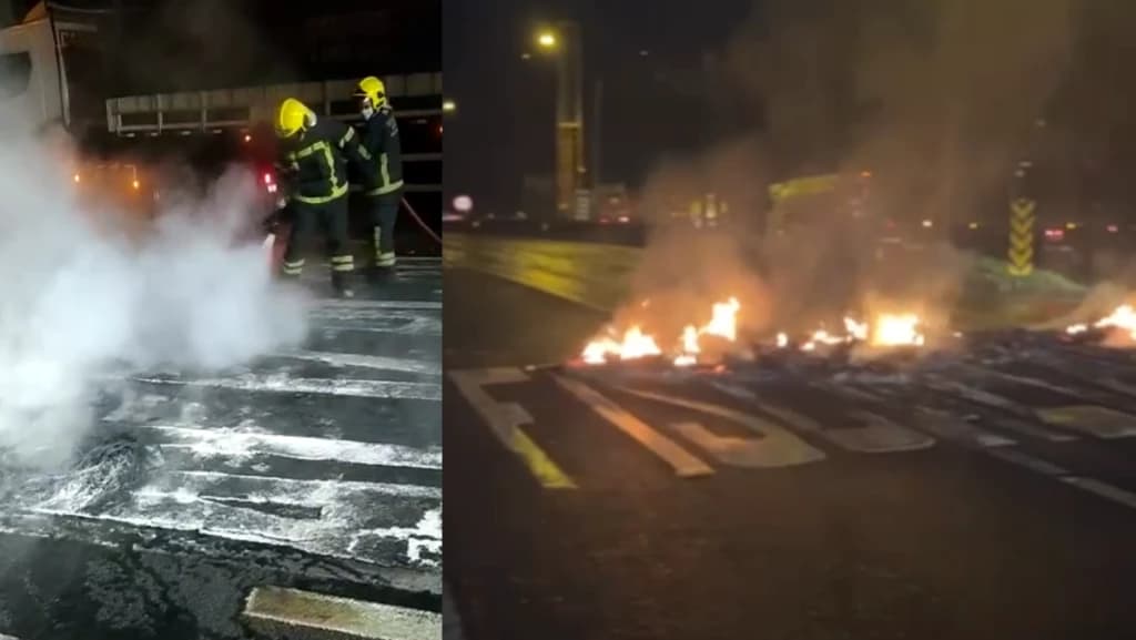 Manifestantes incendeiam pneus e fecham o Morro do Boi, em Balneário Camboriú