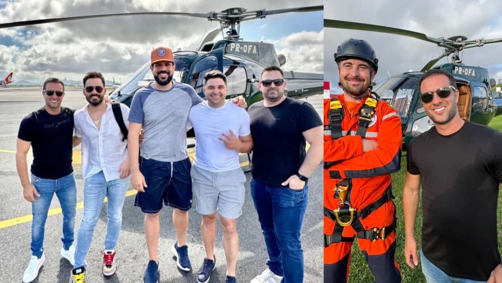 Fernando e Sorocaba chegam a SC em helicóptero que salvou 128 pessoas na enchente