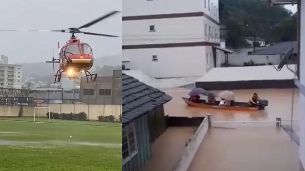 Cidades de SC estão debaixo d”água e moradores são resgatados com barcos e helicópteros