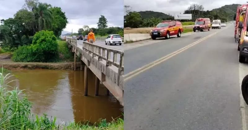 Carro cai em rio após colidir com mureta de ponte