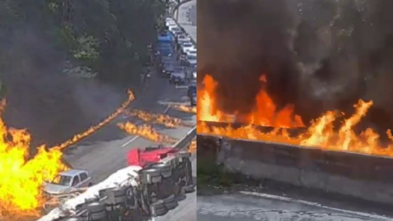 “BR-101 em chamas”: Carreta com combustível tomba e pega fogo no Morro dos Cavalos em Palhoça