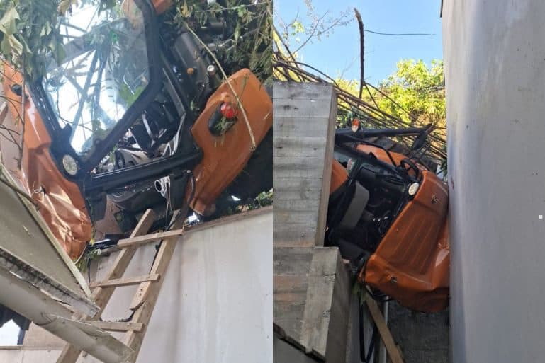 Mãe e bebê escapam de tragedia após trator cair em casa: “só deu tempo de pegar minha filha e correr”