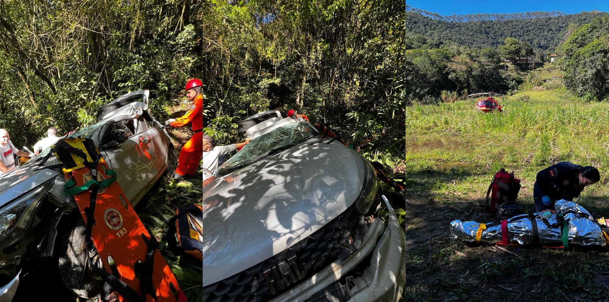 Mãe e filha ficam feridas após carro despencar 20 metros em ribanceira